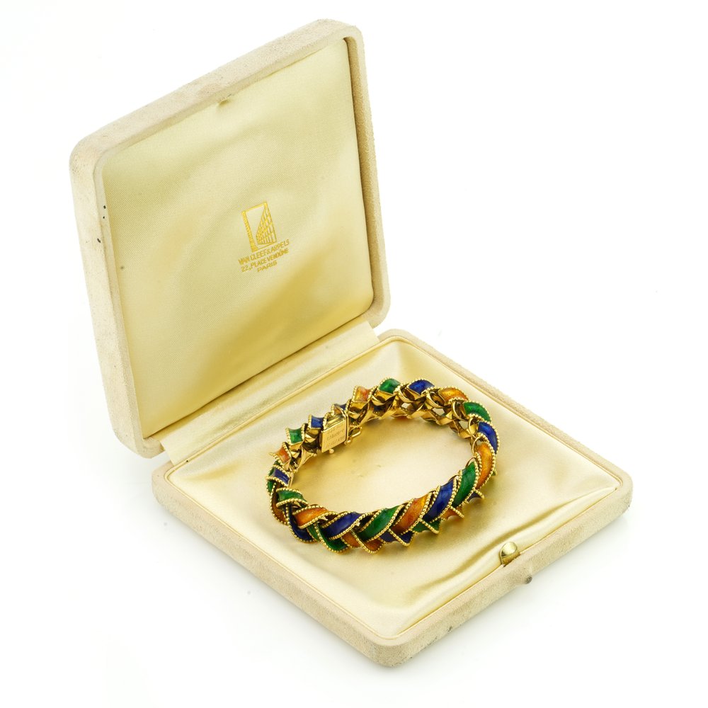 Vintage Van Cleef and Arpels 18ct Gold and Enamel Plait Bracelet; a plaited 18ct yellow gold bracelet decorated with orange, green and blue enamel, Signed and Numbered, in original box, Circa 1960s