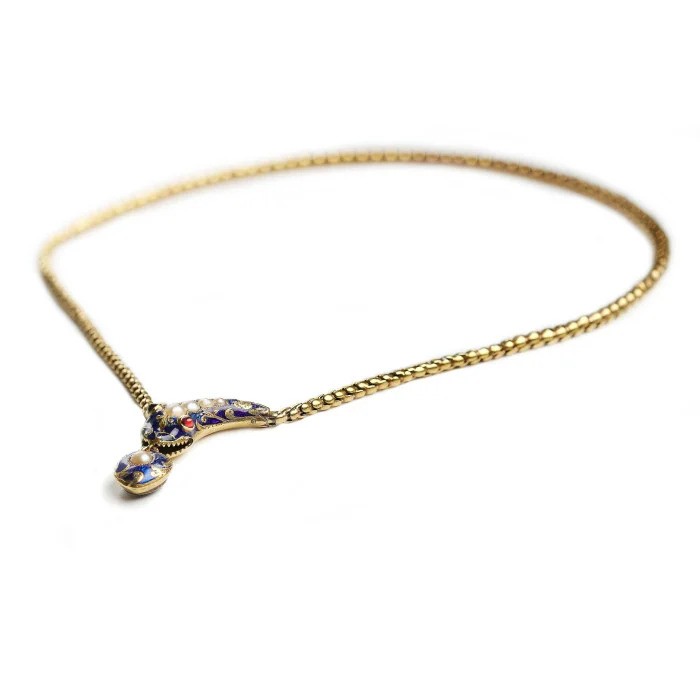 Victorian Antique Natural Pearl Blue Enamel and Gold Snake Necklace with Garnet Eyes, Circa 1850 with heart locket pendant