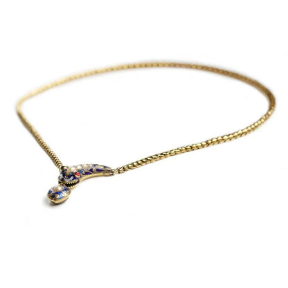 Victorian Antique Natural Pearl Blue Enamel and Gold Snake Necklace with Garnet Eyes, Circa 1850 with heart locket pendant