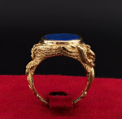 Vintage Retro Lapis Lazuli and Sculptured Gold Gents Signet Dress Ring