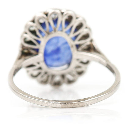 Art Deco 2.8ct Sapphire and Old Cut Diamond Oval Cluster Ring in Platinum