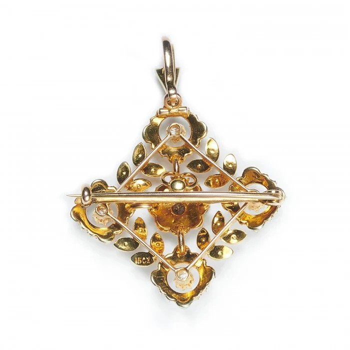 Antique Edwardian Natural Pearl and Diamond Pendant Brooch