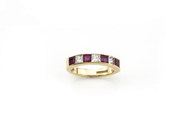 Garrard Princess Cut Ruby and Diamond Half Eternity Ring, in 18ct Gold