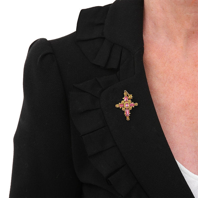 Antique Georgian Pink Topaz Cannetille Cross Pendant Brooch