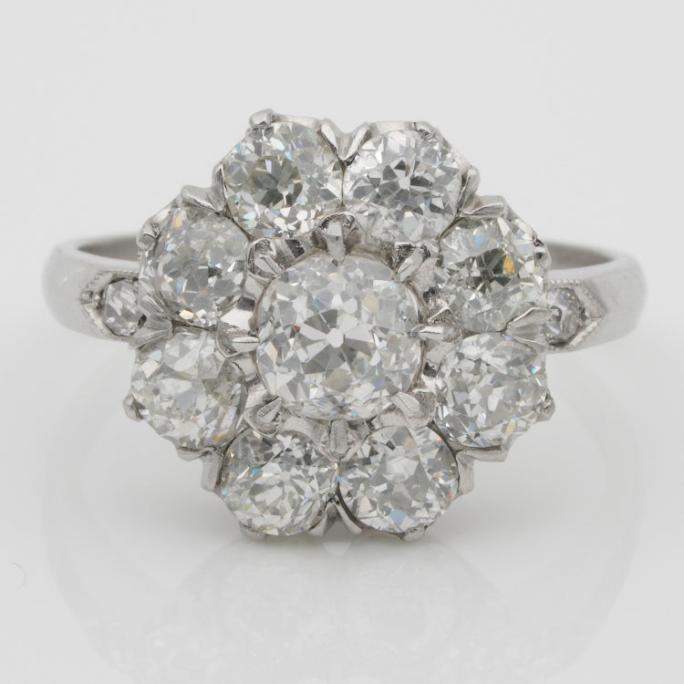 Edwardian Antique 3.15ct Old Cut Diamond Daisy Flower Cluster Engagement Ring in Platinum