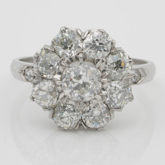 Edwardian Antique 3.15ct Old Cut Diamond Daisy Flower Cluster Engagement Ring in Platinum