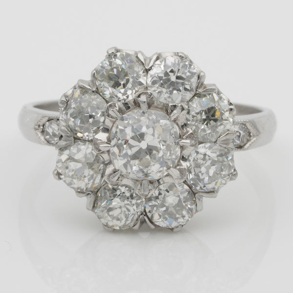 Edwardian Antique 3.15ct Old Cut Diamond Daisy Flower Cluster Engagement Ring in Platinum