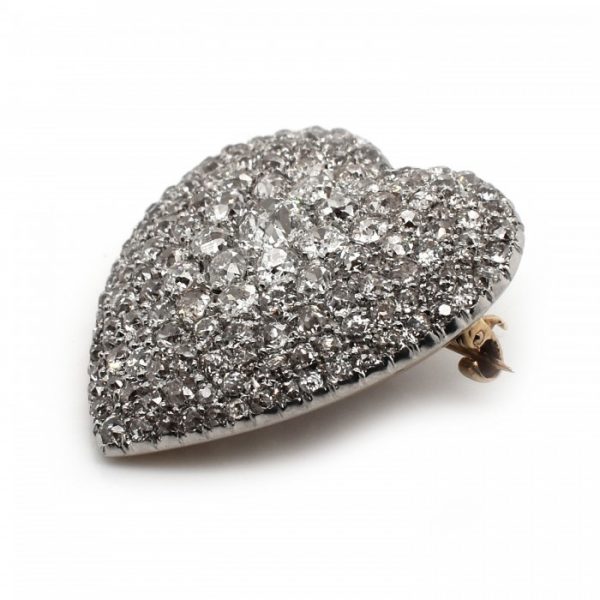Vintage Old Cut Diamond Heart Brooch Pendant, 6.50 carat total, in platinum and 18ct yellow gold, Circa 1930