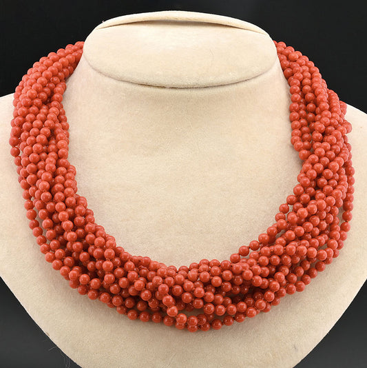 Vintage Italian Multi Strand Natural Red Sardinia Coral Torsade Necklace