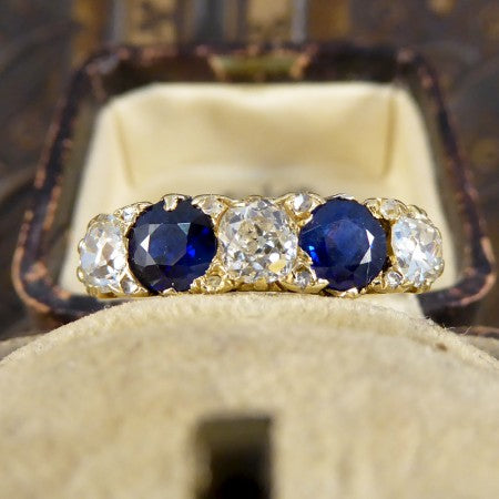 On finger Antique Victorian sapphire diamond ring 18 ct gold carved settings 1880