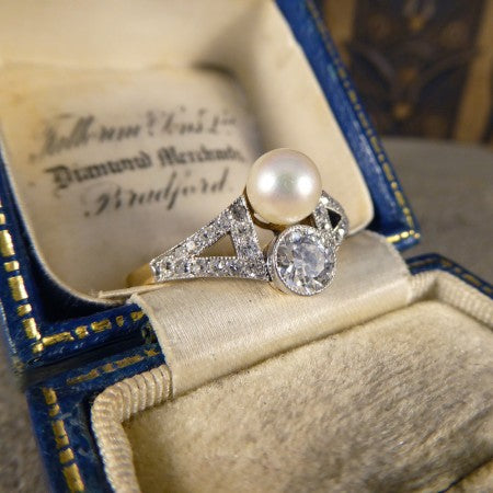 Natural pearl diamond ring old cut diamonds