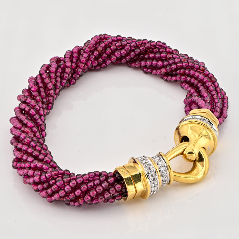 Vintage 1970s Italian Red Tourmaline Rubellite Beaded Bracelet with Diamond Clasp