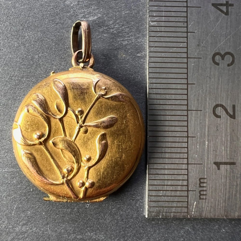 Vintage French 18ct Gold Mistletoe Locket Pendant
