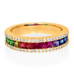 Rainbow Fancy Sapphire Half Eternity Band Ring, 0.91cts square princess cut blue, purple, pink, yellow and green sapphires in 18ct rose gold