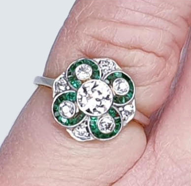 Antique Edwardian Emerald and Diamond Floral Cluster Dress Engagement Ring