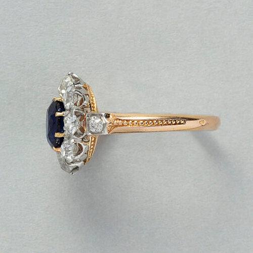 Antique 1.82ct Sapphire and Old Cut Diamond Cluster Ring