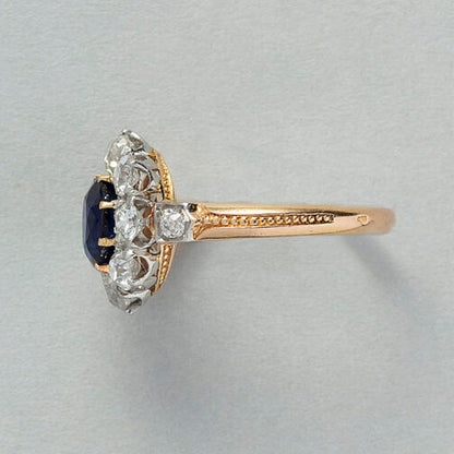 Antique 1.82ct Sapphire and Old Cut Diamond Cluster Ring