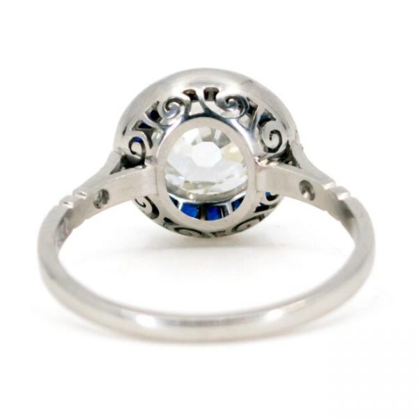 Art Deco 1.23ct Old Mine Cut Diamond and Calibre Sapphire Target Ring in Platinum