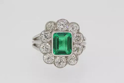 2.20ct Fine Colombian Emerald and Old Cut Diamond Cluster Ring