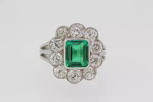 2.20ct Fine Colombian Emerald and Old Cut Diamond Cluster Ring