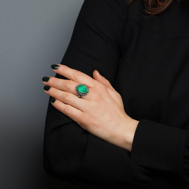 Antique Victorian 7ct Cabochon Emerald and Diamond Cluster Ring