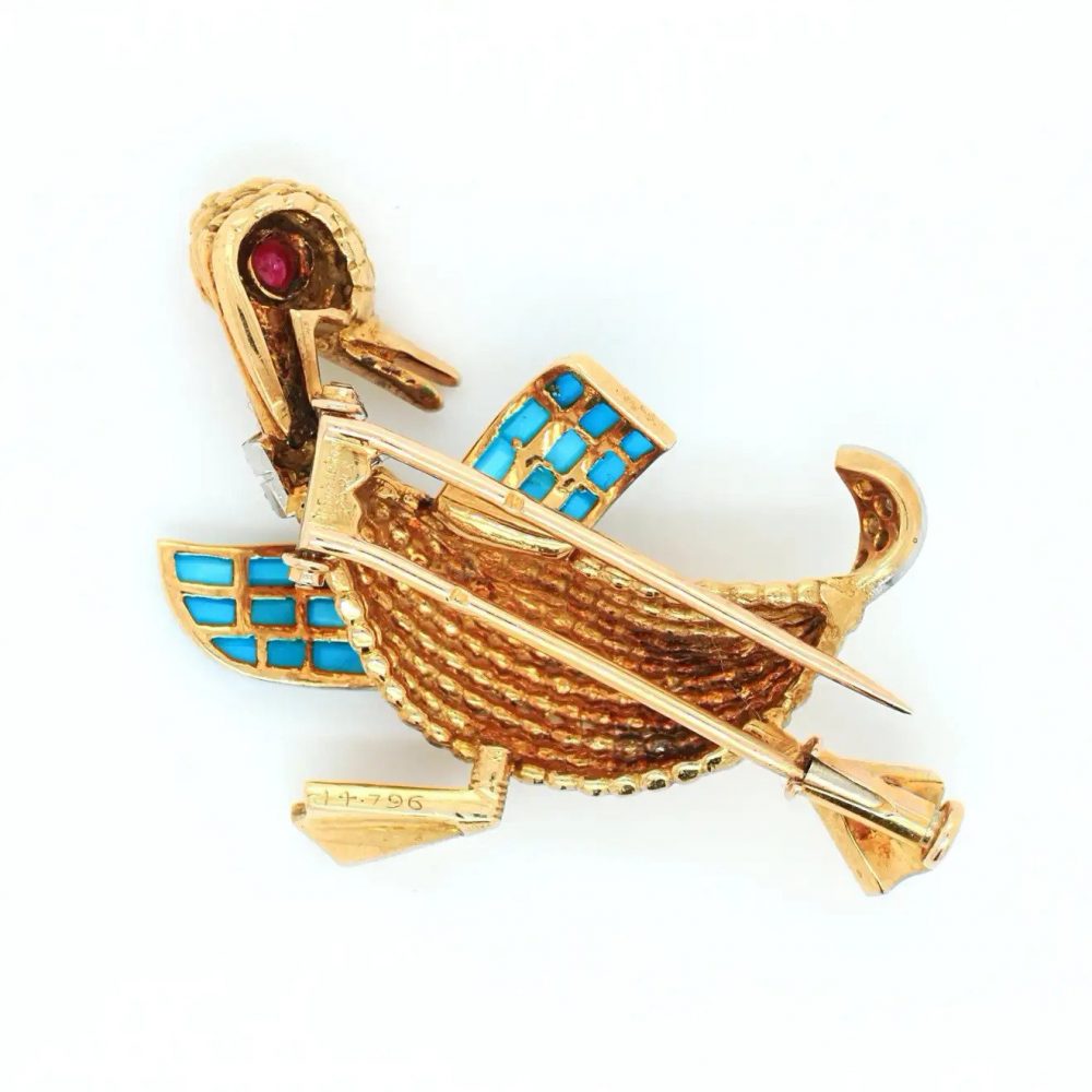 Vintage Boucheron Gem Set Gold Duck Brooch