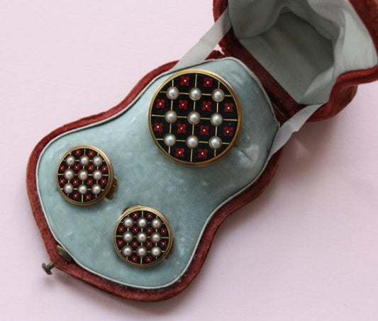 Antique Victorian Natural Pearl and Enamel Ladies Dress Set; 18ct yellow gold brooch and cufflinks, checkerboard design, natural pearls and black, red and white enamel, Signed, Circa 1860