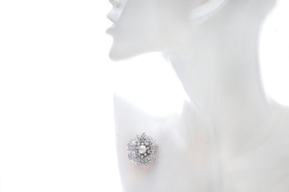 Vintage 1970s French Natural Freshwater Pearl and Diamond Flower Brooch, in 18ct white gold