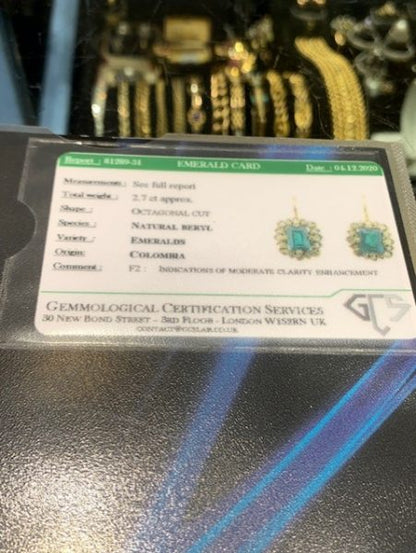 Antique Natural Colombian Emerald and Diamond Cluster Drop Earrings; 2.70cts octagonal-cut Colombian emeralds surrounded by diamonds, with certificate