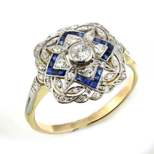 Art Deco Sapphire and Old Cut Diamond Cluster Dress Ring