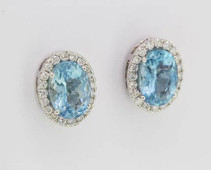 Aquamarine and Diamond Oval Cluster Stud Earrings