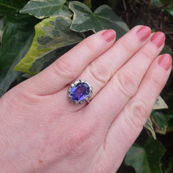 Tanzanite and Diamond Cluster Dress Ring in 18ct White Gold, 4.56 carats