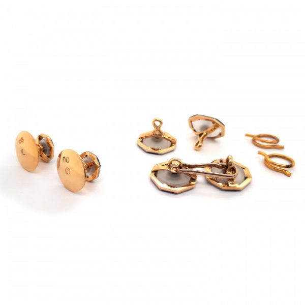 Antique Edwardian Old Cut Diamond, Rock Crystal, Onyx and Enamel Dress Set in platinum and gold, Circa 1910