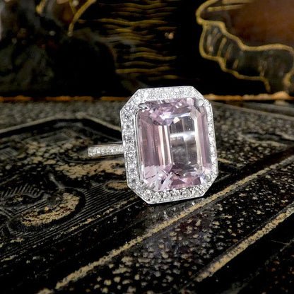 8.38ct Emerald Cut Pink Kunzite and Diamond Cluster Ring