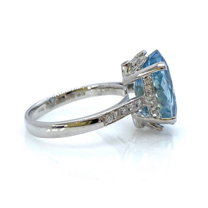 5.62ct Oval Aquamarine Cocktail Dress Ring with Diamond Set Shoulders in 18ct White Gold