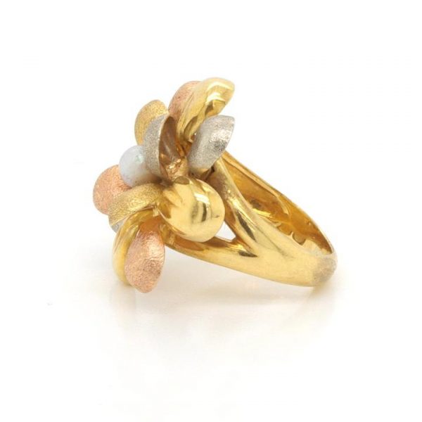Vintage Italian Tri Colour 18ct Gold Flower Cluster Ring; 18ct yellow, white and rose gold ring of abstract floral design, with brushed textured finish. Signed De Regilus