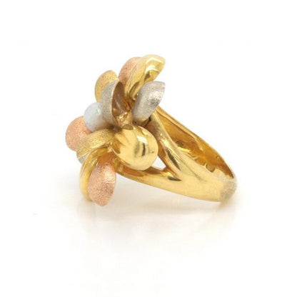 Vintage Italian Tri Colour 18ct Gold Flower Cluster Ring; 18ct yellow, white and rose gold ring of abstract floral design, with brushed textured finish. Signed De Regilus