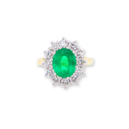Oval Cut Emerald and Diamond Cluster Ring, 3.74 carat total, 18ct Gold