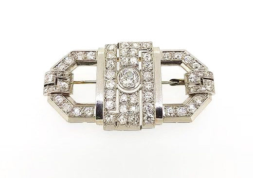 Vintage French Diamond Cartouche Brooch, 2.75 carat total, Platinum