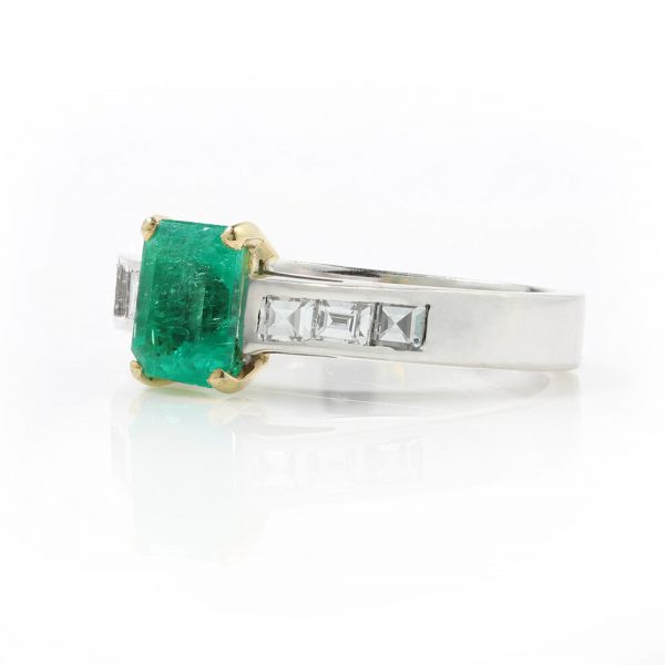 Vintage 0.90ct Emerald Cut Colombian Emerald and Diamond Ring in 18ct White Gold, Circa 1980s-1990s Certified