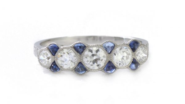 Art Deco Old Cut Diamond, Sapphire and Platinum Five Stone Ring