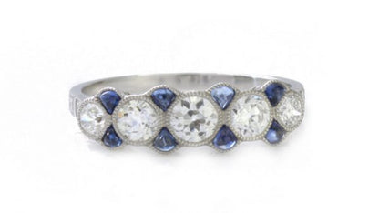 Art Deco Old Cut Diamond, Sapphire and Platinum Five Stone Ring