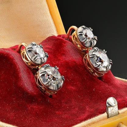 3ct Old Mine Cut Diamond Twin Solitaire Drop Earrings