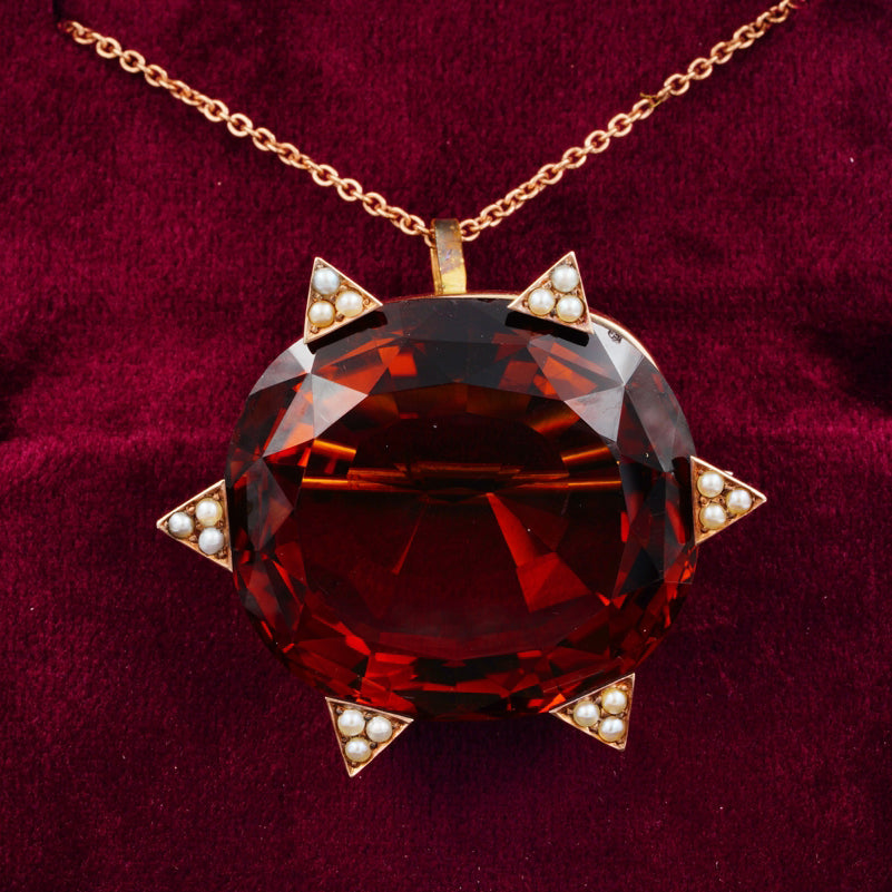 Late Art Deco 79ct Untreated Madeira Citrine and Natural Pearl Cluster Pendant-come-Brooch