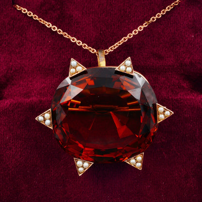 Late Art Deco 79ct Untreated Madeira Citrine and Natural Pearl Cluster Pendant-come-Brooch