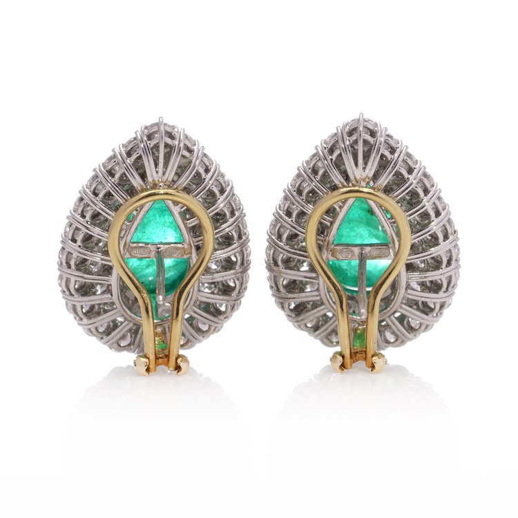 Pear Cabochon Cut Emerald and Diamond Double Cluster Earrings, Emeralds 23.36 carats Diamond 10.03 carats