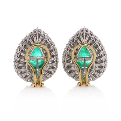 Pear Cabochon Cut Emerald and Diamond Double Cluster Earrings, Emeralds 23.36 carats Diamond 10.03 carats