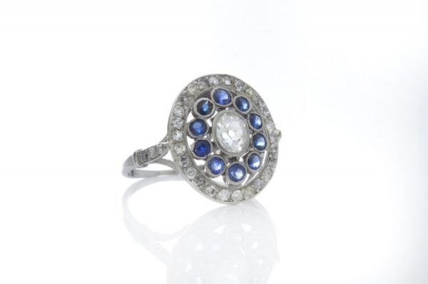 Art Deco French Old Cut Diamond, Sapphire and Platinum Oval Cluster Ring