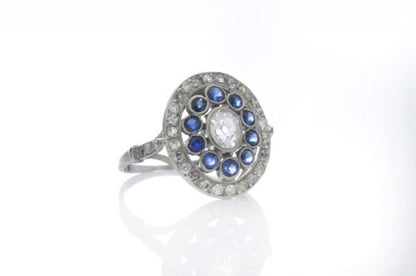Art Deco French Old Cut Diamond, Sapphire and Platinum Oval Cluster Ring