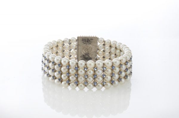 Akoya Pearl and Aquamarine Bracelet, Blue Enamel and Diamond Clasp